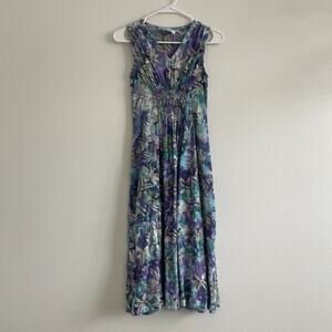 Go Fish Dress Women XS Blue Floral V Neck Maxi Lagenlook Resort Smocked Slip
